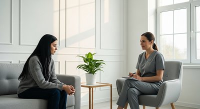 Девушка сидит на диване напротив врача